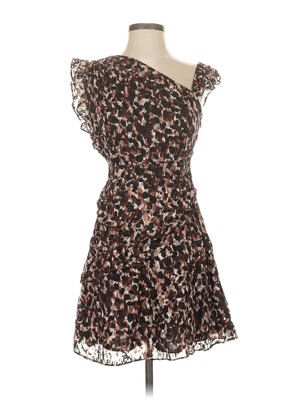 Rachel Zoe One-Shoulder Ruffle Dress in Brown, Black & Cream